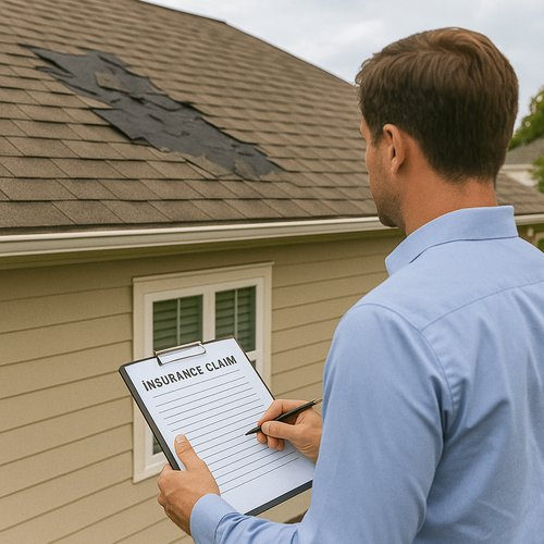 Roof insurance claim inspection with clipboard Whittier
